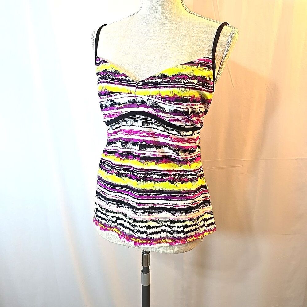 Nike Size 14 Purple Yellow Black White Striped Tankini Top Stretch Flattering